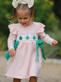 Christmas Tree Smocked Embroidery Stripe Baby Girls Dress
