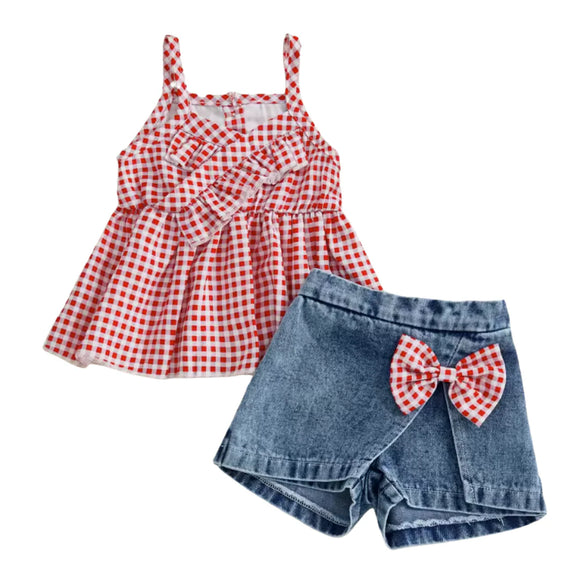 Red Gingham Sleeveless Top Denim Bow Skort
